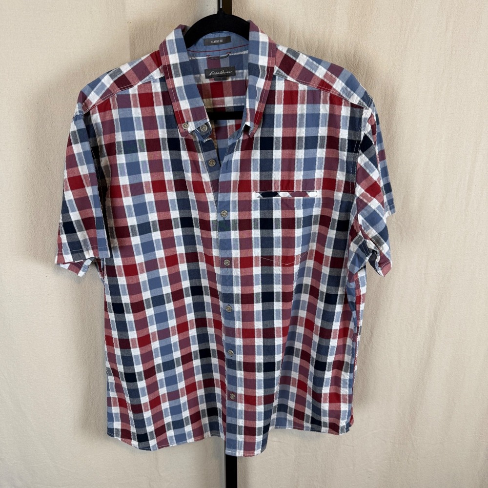 Eddie Bauer Mens Short Sleeve Plaid Button Up Shirt Red Blue White Casual Summer